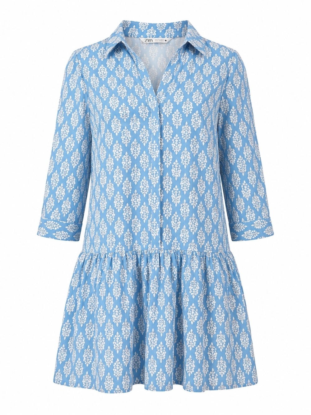 ZARA | Blue Modal Drop Waist Shirt Dress Tunic Roll Tab Block Print Boho | XL